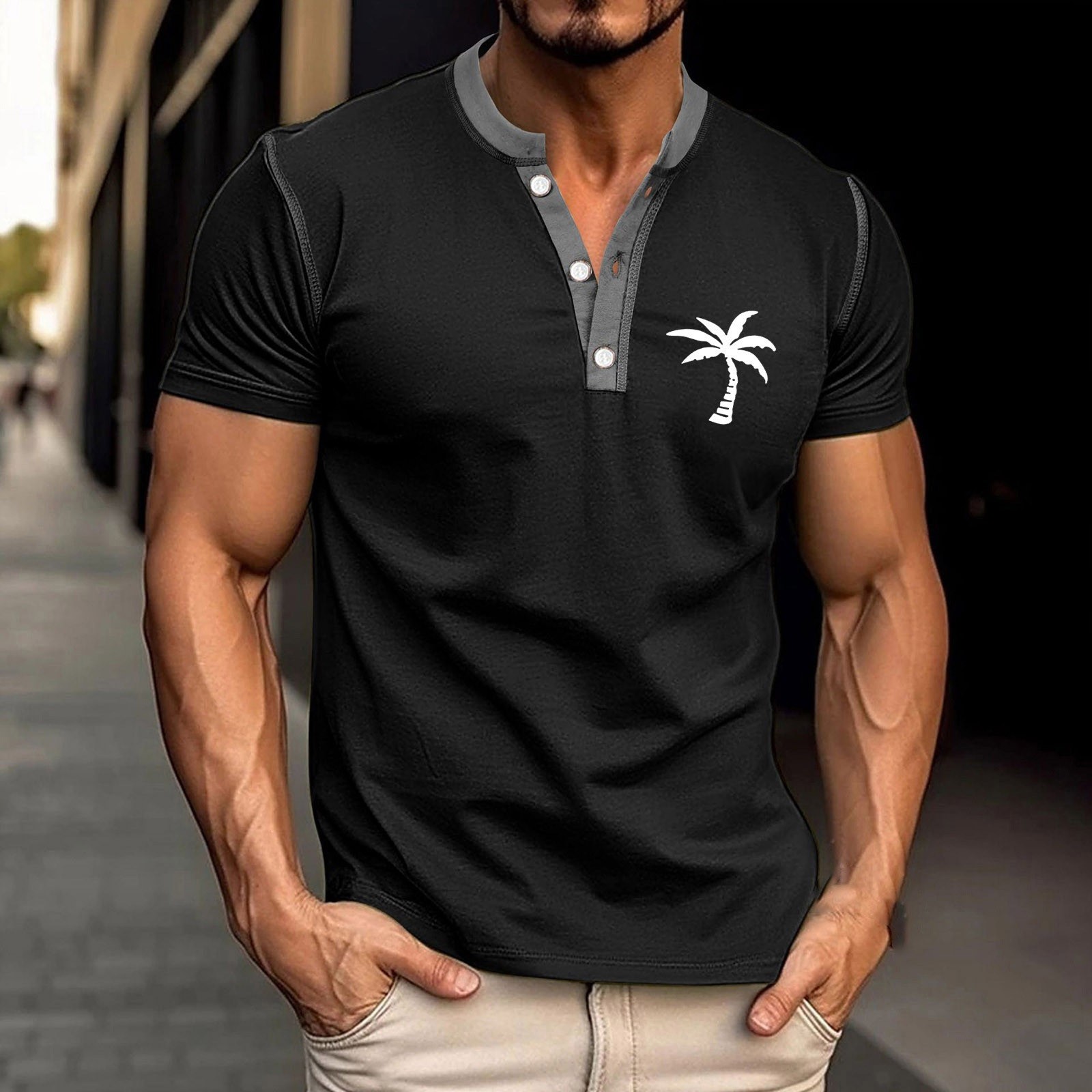thumbnail image 2 of Camisa de manga corta para hombre con estampado de cocoteros: poliéster, estilo retro, informal/deportiva, lavable a máquina, corte regular (S-XXXL), 2 of 4
